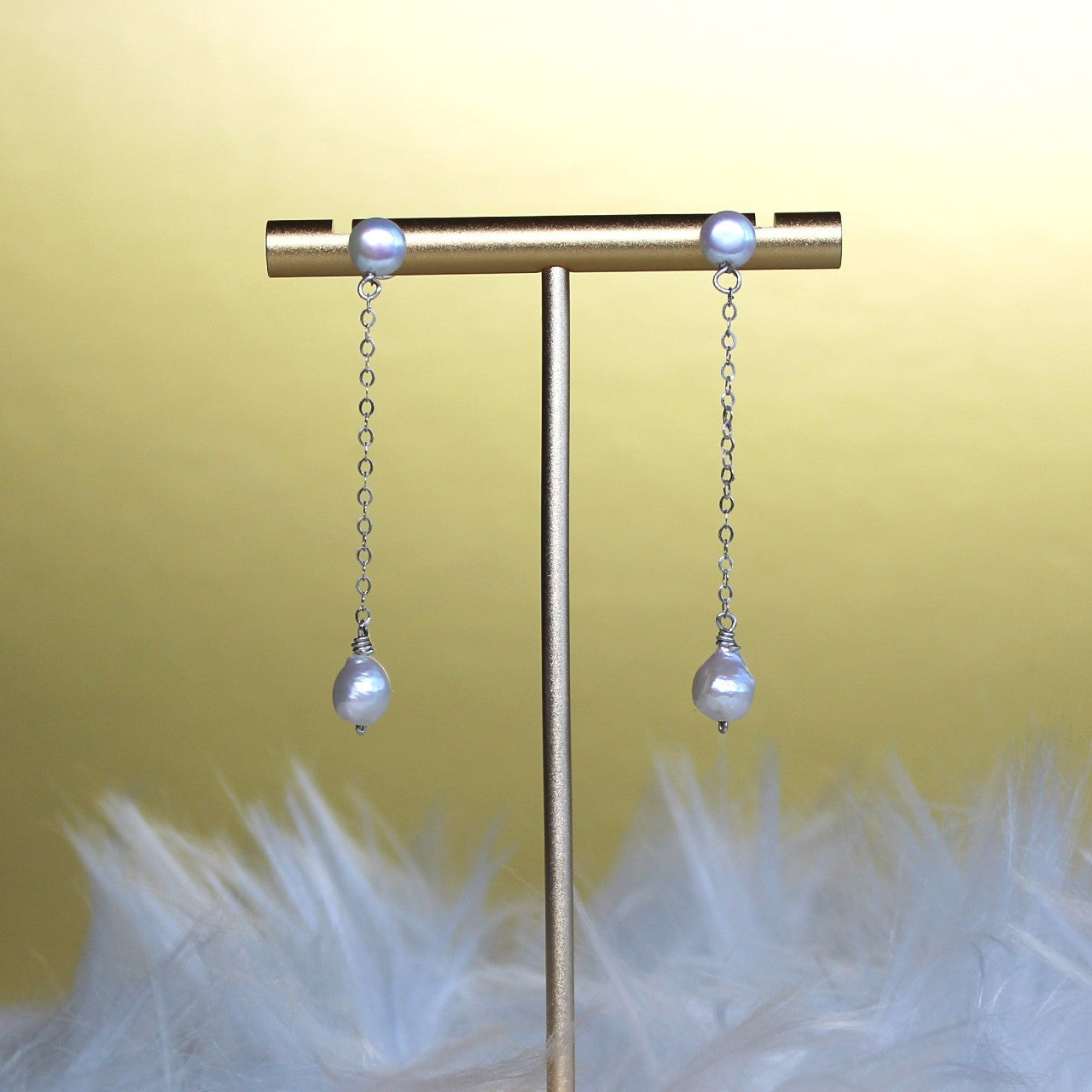 Natural Tiny Baroque Pearl Front Back Sterling Silver Long Chain Pearl Stud Dangle Earrings