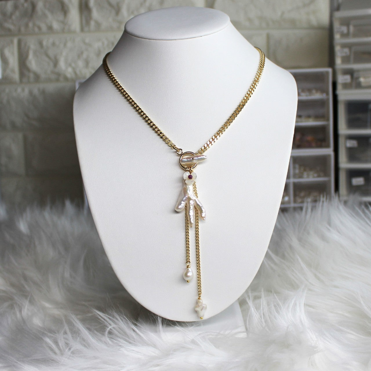 Baroque freshwater Chicken Foot Pearl Pendant Toggle pearl bar Y Lariat Necklace