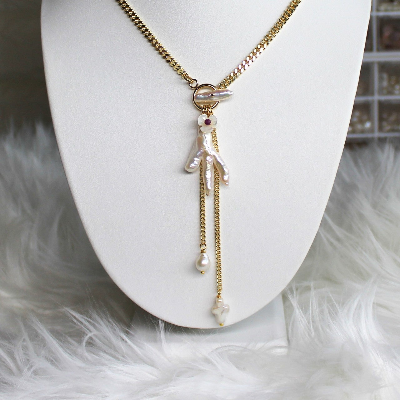 Baroque freshwater Chicken Foot Pearl Pendant Toggle pearl bar Y Lariat Necklace
