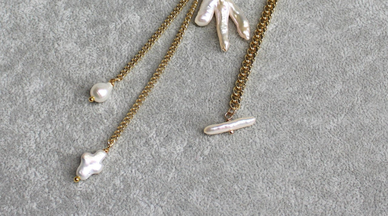 Baroque freshwater Chicken Foot Pearl Pendant Toggle pearl bar Y Lariat Necklace