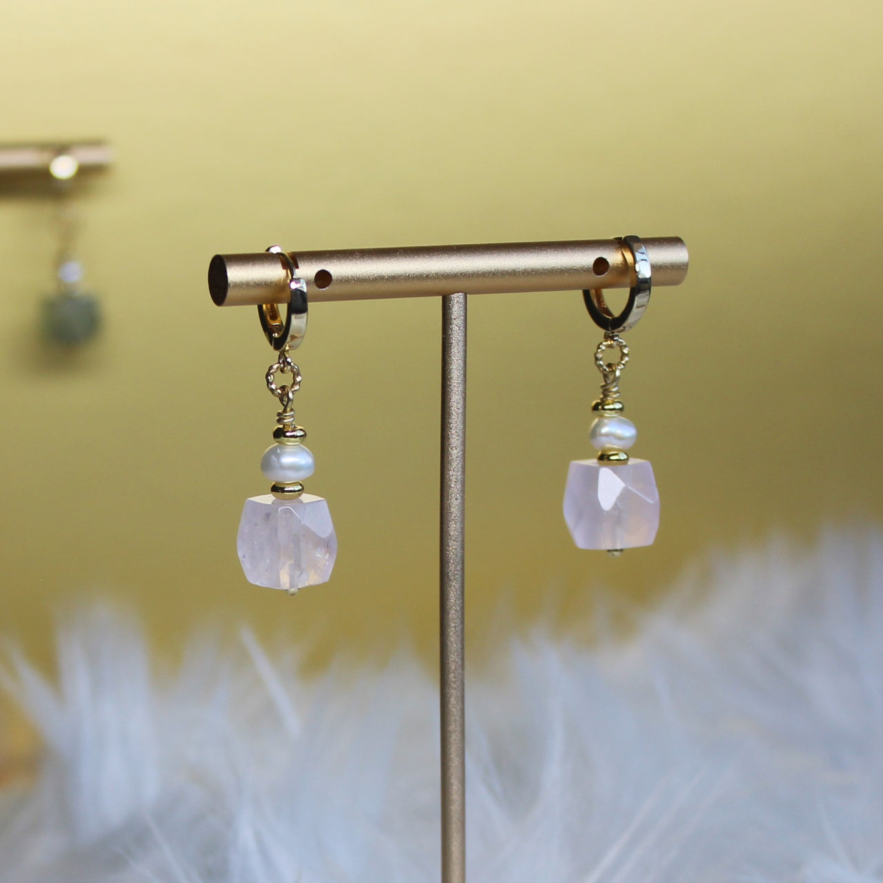 Natural Faceted Rose Quartz with Freshwater Pearl CZ Stud Dangle Earrings/925 Sterling Silver Needle