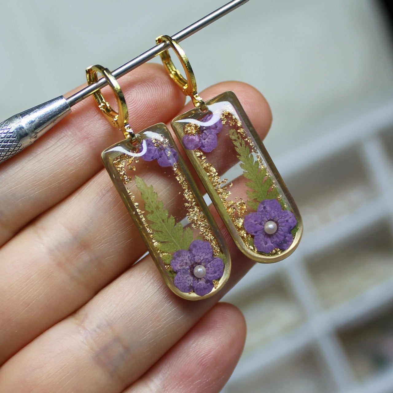 Gold Rectangular Real Dried Pressed Plum Flower and Fern leaf Resin Dangle Earrings