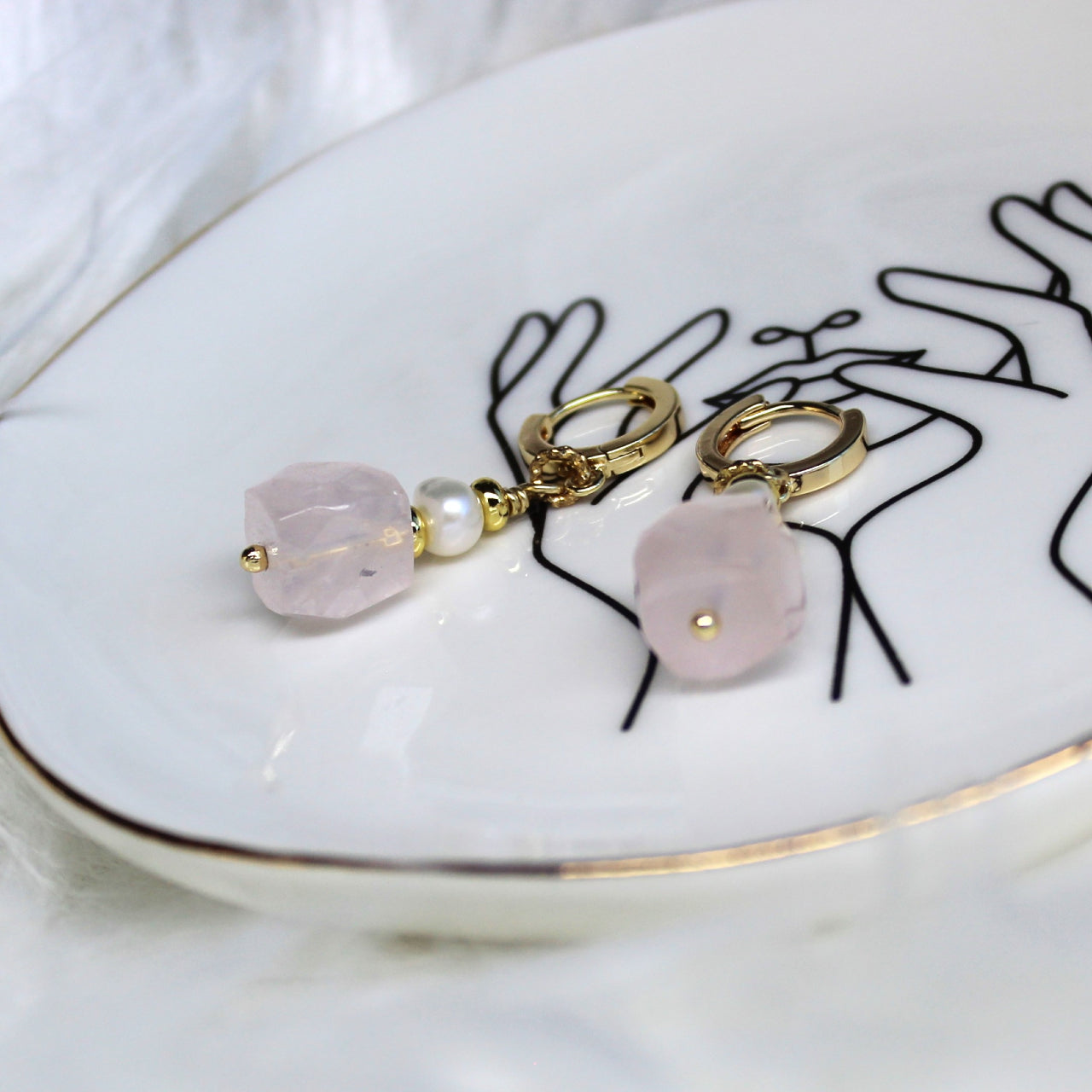 Natural Faceted Rose Quartz with Freshwater Pearl CZ Stud Dangle Earrings/925 Sterling Silver Needle