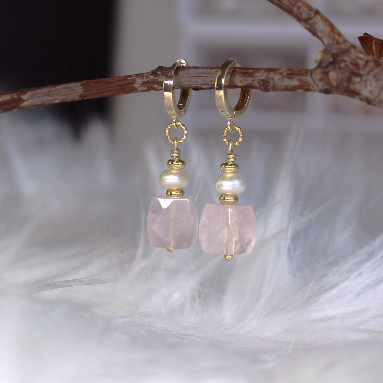 Natural Faceted Rose Quartz with Freshwater Pearl CZ Stud Dangle Earrings/925 Sterling Silver Needle