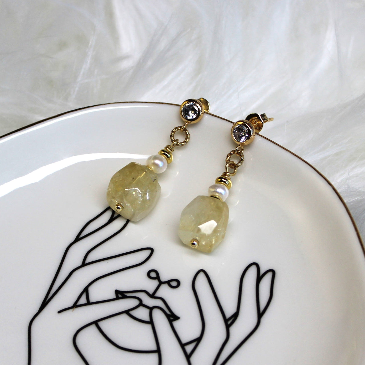 Natural Faceted Citrine with Freshwater Pearl CZ Stud Dangle Earrings/925 Sterling Silver Needle