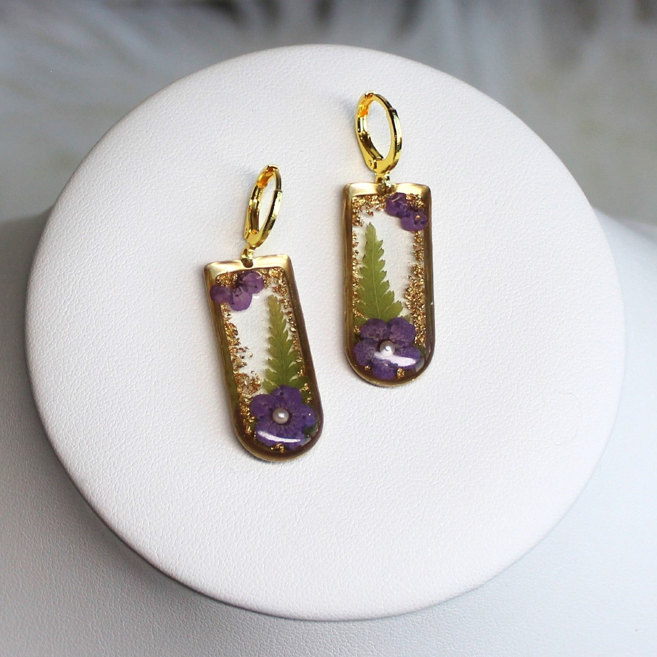 Gold Rectangular Real Dried Pressed Plum Flower and Fern leaf Resin Dangle Earrings