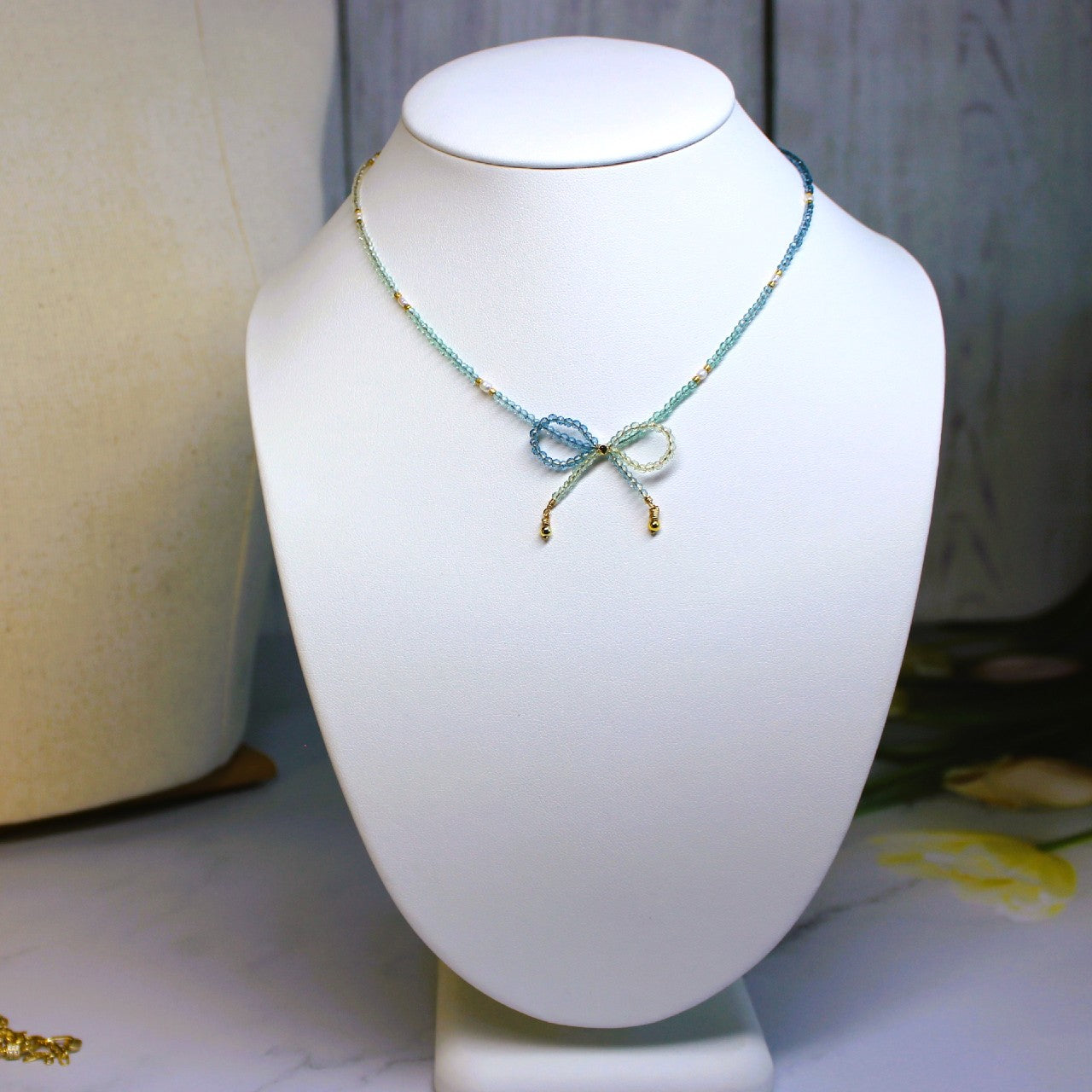 Blue Ombre Crystal Bow Freshwater Pearl Beaded Choker Necklace