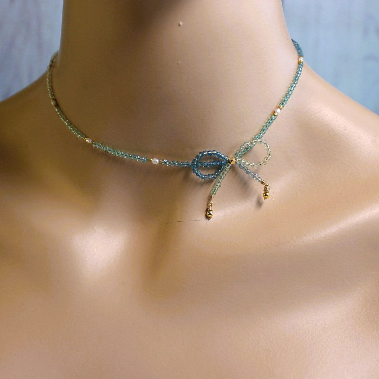Blue Ombre Crystal Bow Freshwater Pearl Beaded Choker Necklace