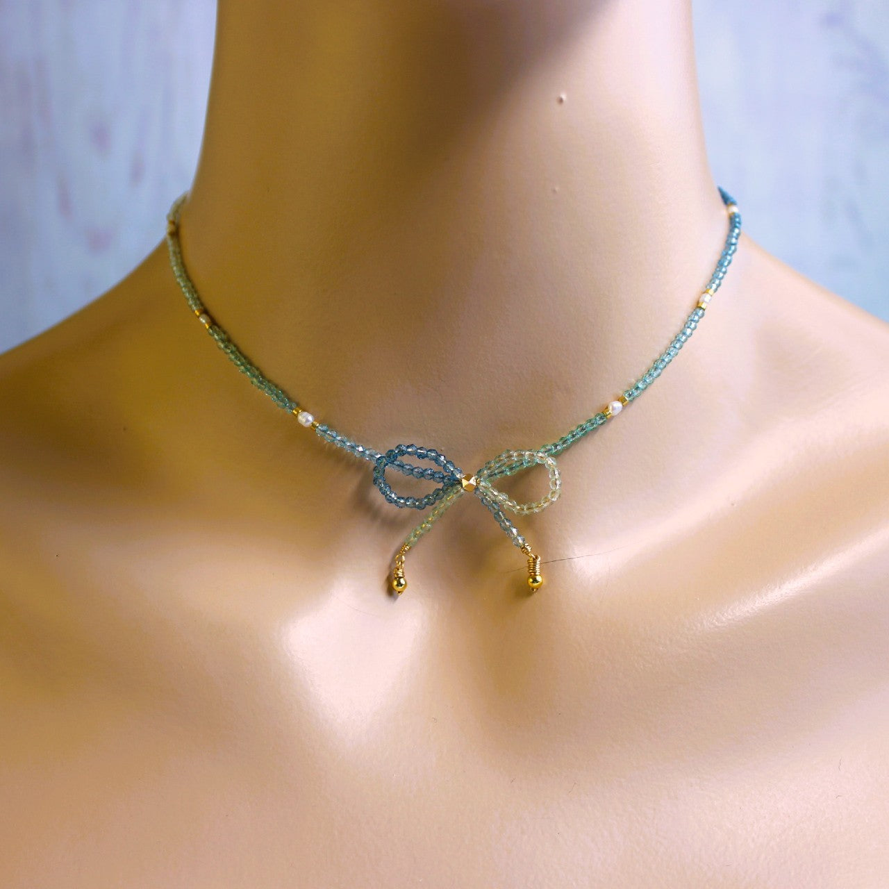 Blue Ombre Crystal Bow Freshwater Pearl Beaded Choker Necklace