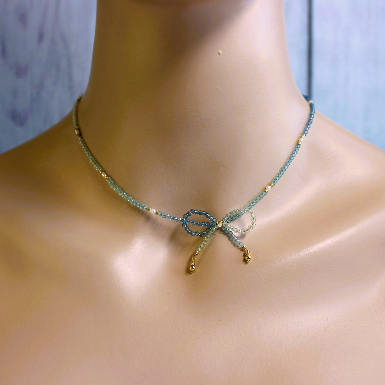 Blue Ombre Crystal Bow Freshwater Pearl Beaded Choker Necklace