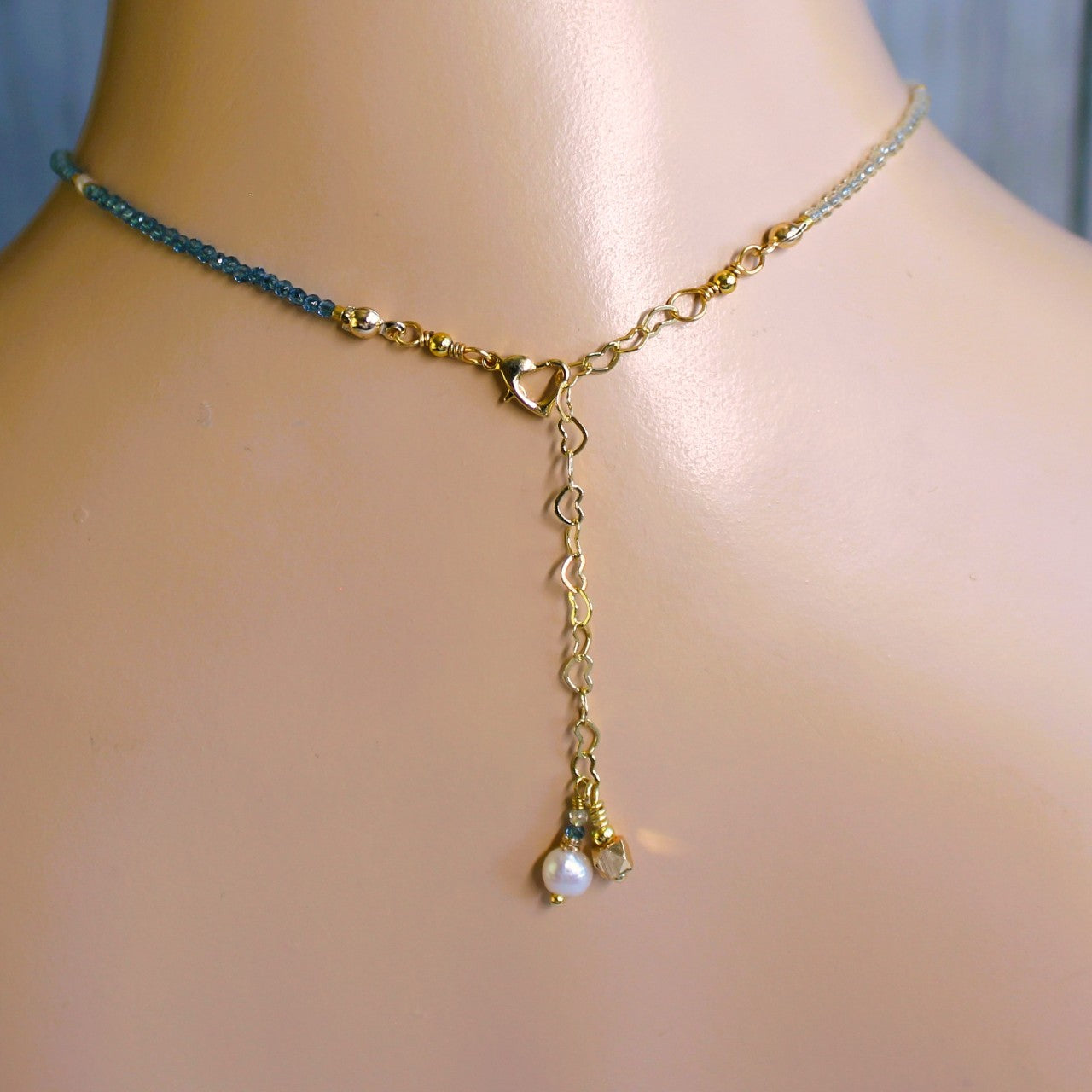 Blue Ombre Crystal Bow Freshwater Pearl Beaded Choker Necklace