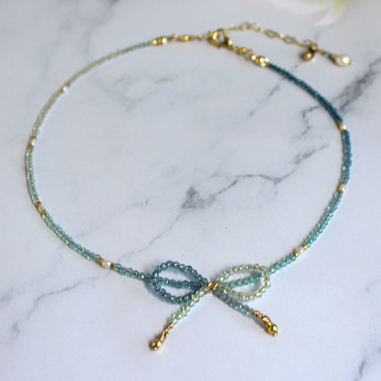 Blue Ombre Crystal Bow Freshwater Pearl Beaded Choker Necklace