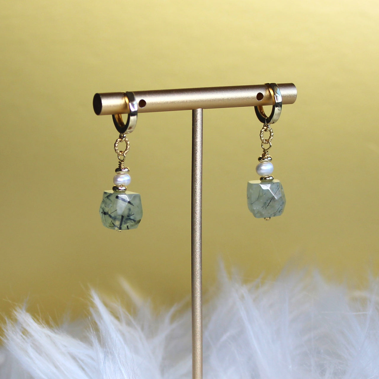 Natural Faceted Prehnite with Freshwater Pearl CZ Stud Dangle Earrings/925 Sterling Silver Needle