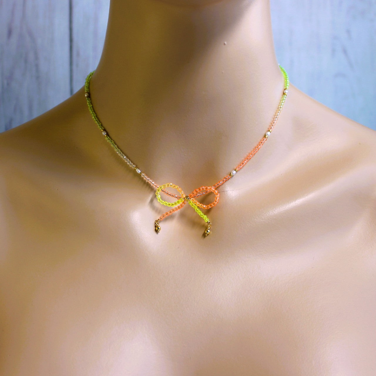 Neon Orange and Yellow Ombre Crystal Bow Freshwater Pearl Beaded Choker Necklace