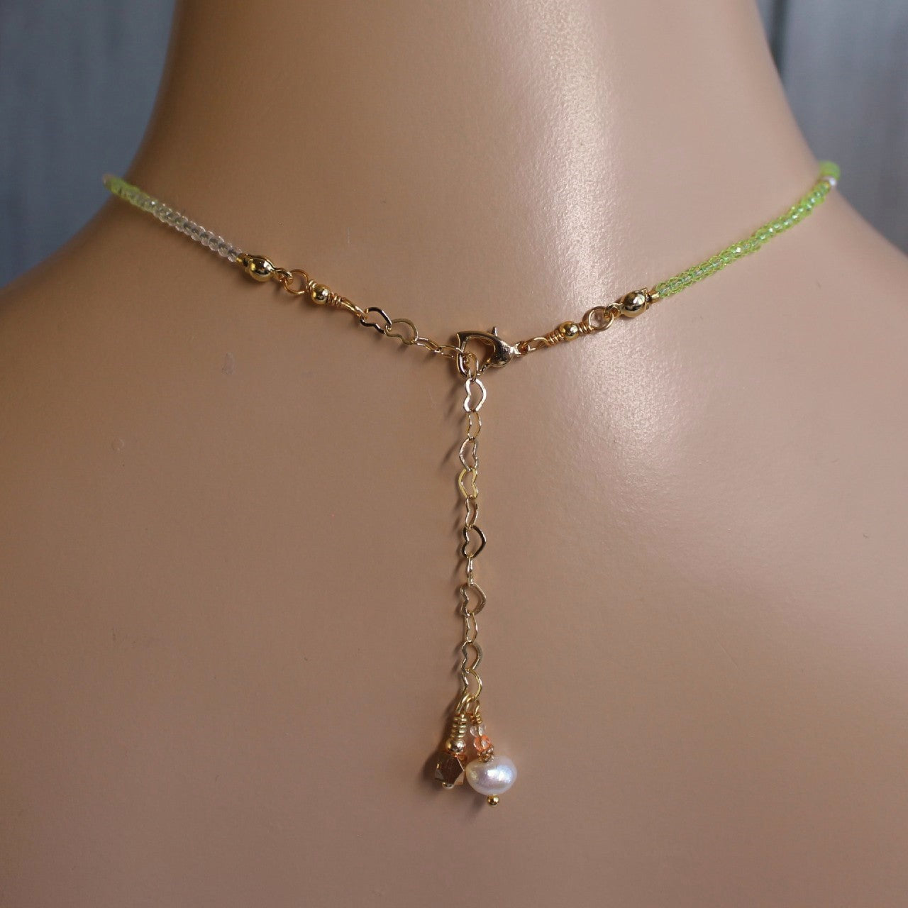 Neon Orange and Yellow Ombre Crystal Bow Freshwater Pearl Beaded Choker Necklace