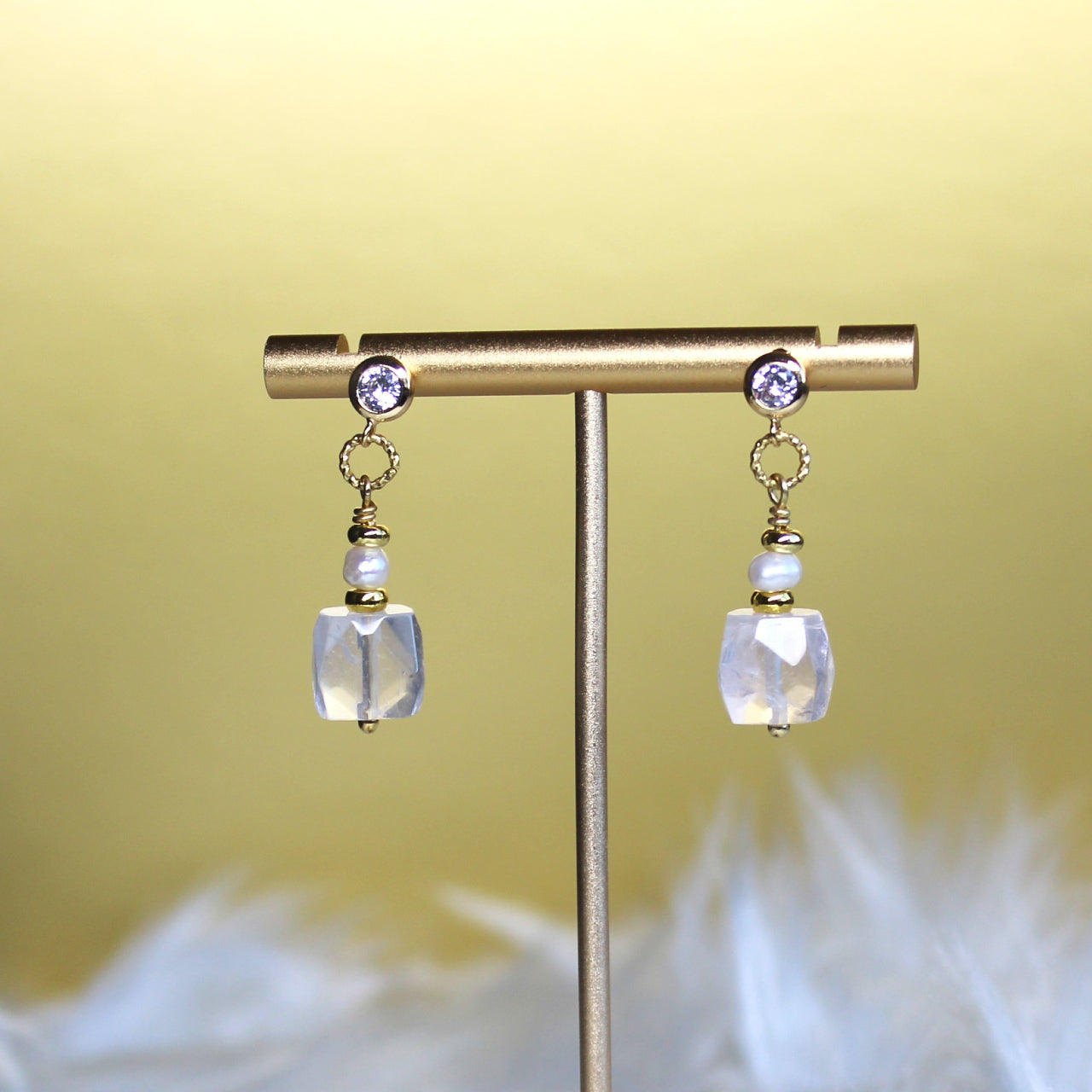 Natural Faceted Clear Quartz with Freshwater Pearl CZ Stud Dangle Earrings/925 Sterling Silver Needle