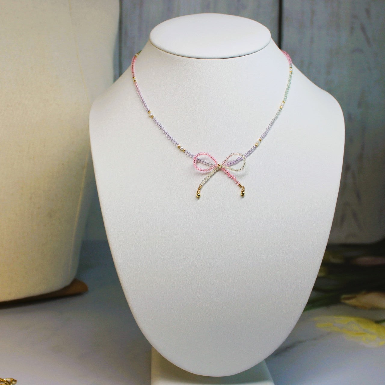 Pink and Purple Ombre Crystal Bow Freshwater Pearl Beaded Choker Necklace