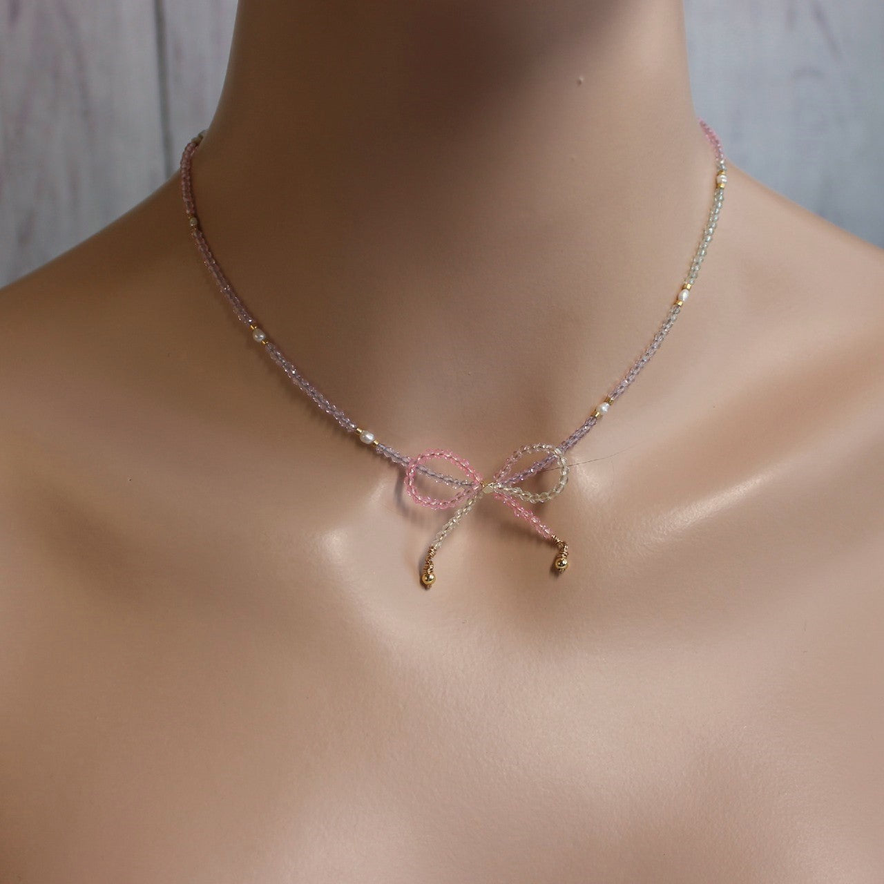 Pink and Purple Ombre Crystal Bow Freshwater Pearl Beaded Choker Necklace
