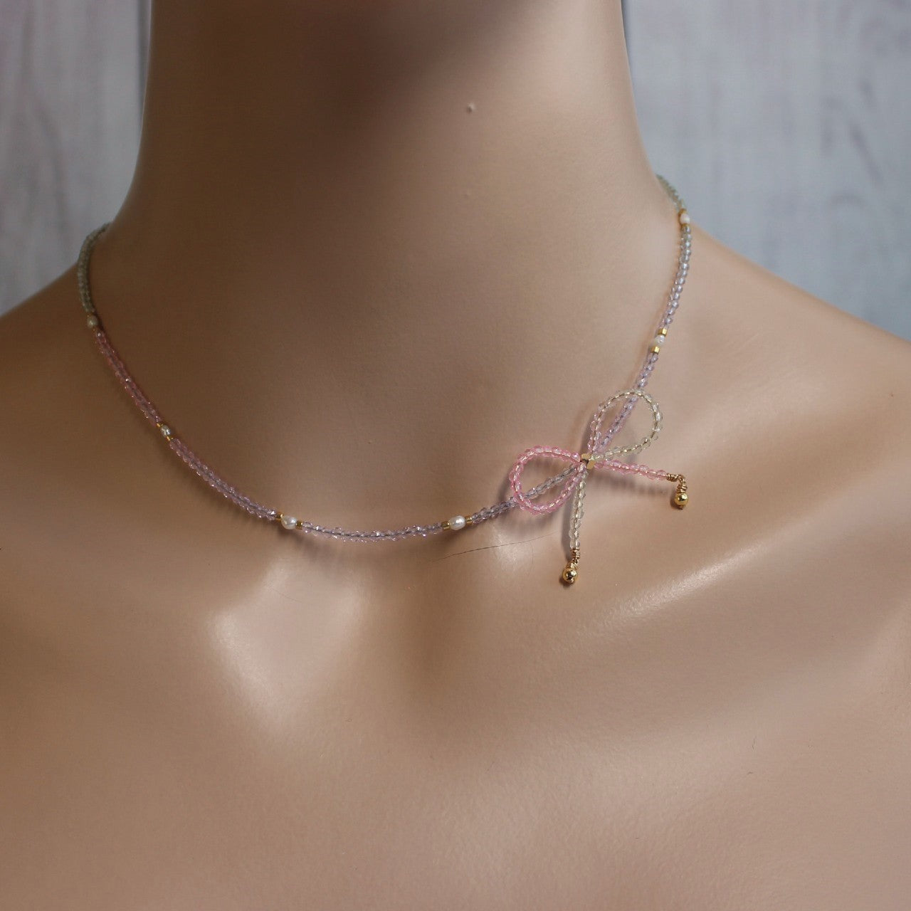 Pink and Purple Ombre Crystal Bow Freshwater Pearl Beaded Choker Necklace
