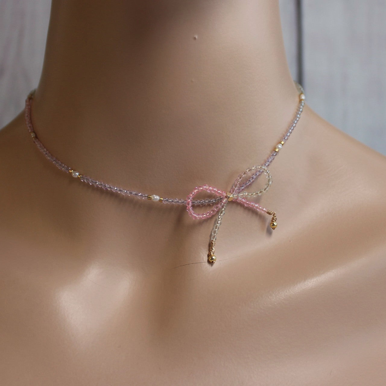 Pink and Purple Ombre Crystal Bow Freshwater Pearl Beaded Choker Necklace