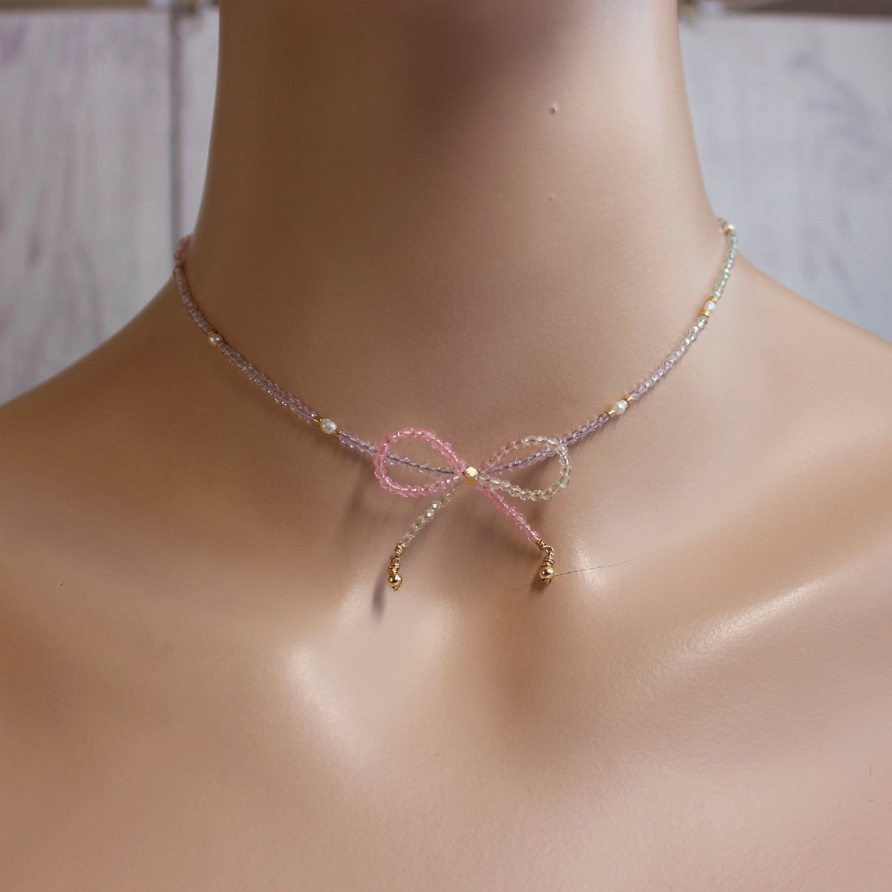 Pink and Purple Ombre Crystal Bow Freshwater Pearl Beaded Choker Necklace