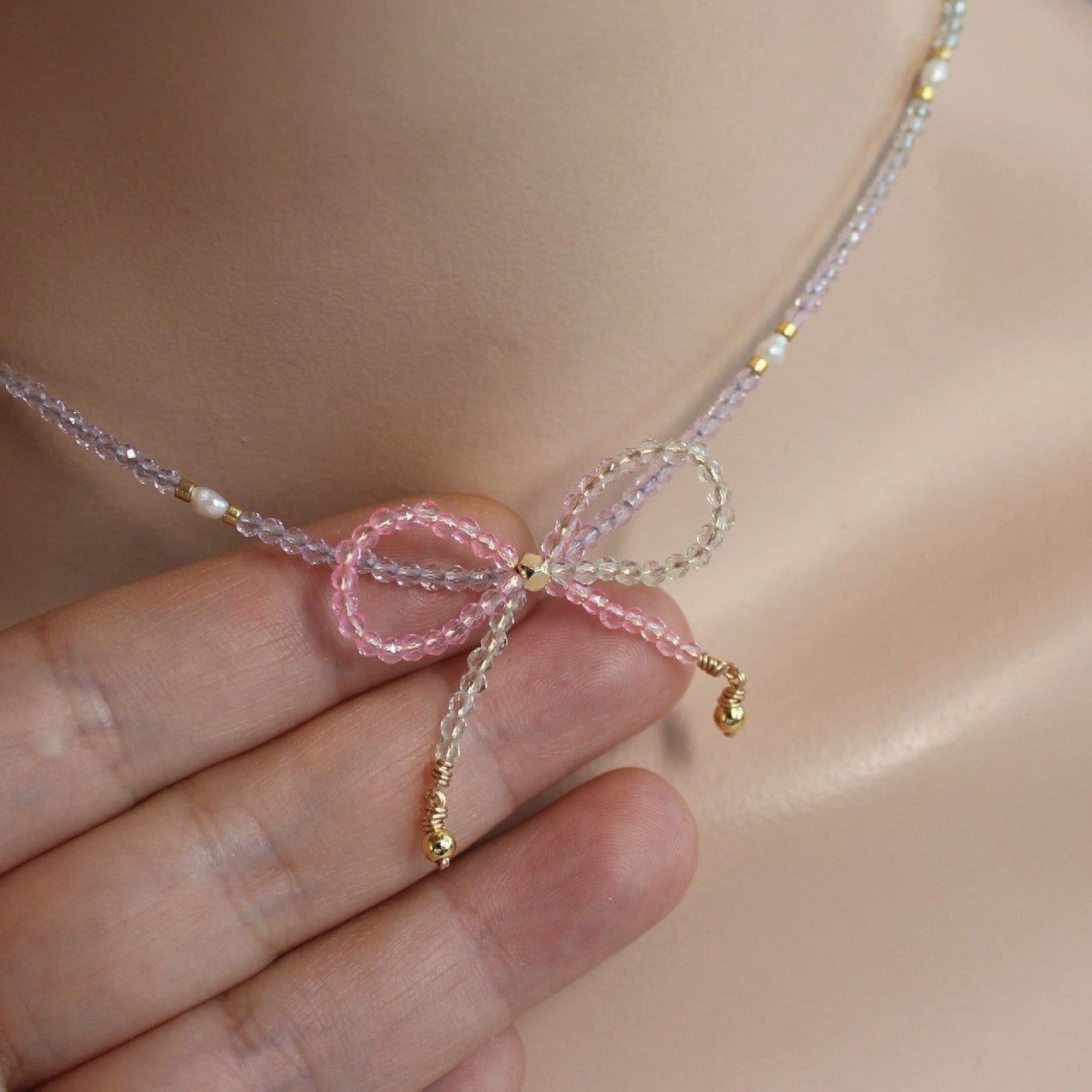 Pink and Purple Ombre Crystal Bow Freshwater Pearl Beaded Choker Necklace