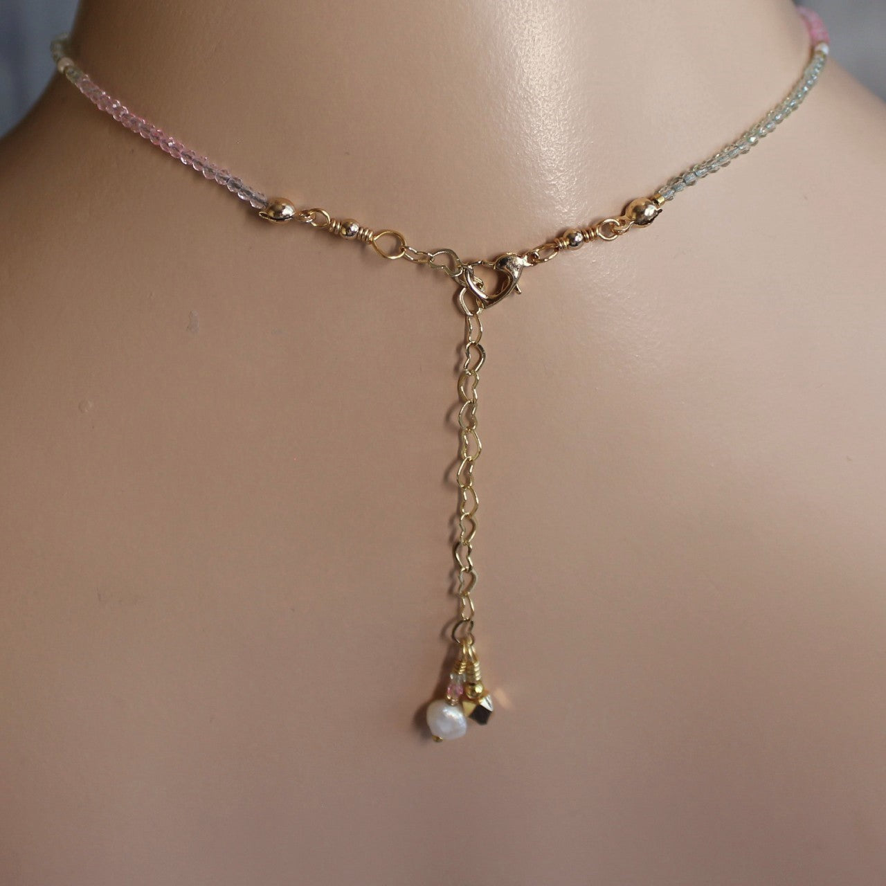 Pink and Purple Ombre Crystal Bow Freshwater Pearl Beaded Choker Necklace