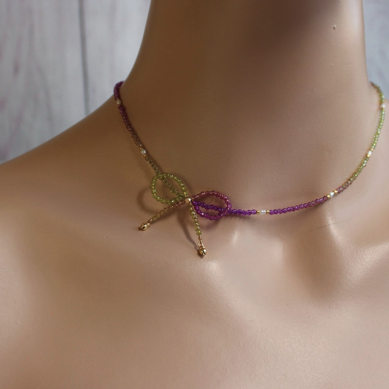 Purple and Green Ombre Crystal Bow Freshwater Pearl Beaded Choker Necklace
