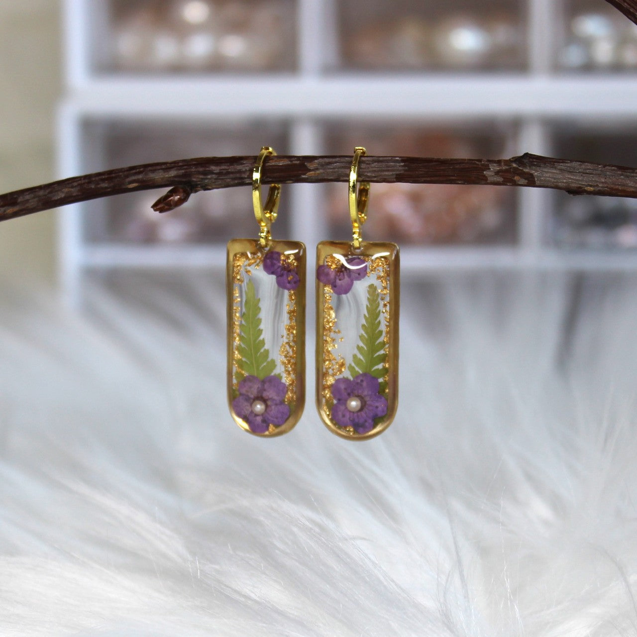 Gold Rectangular Real Dried Pressed Plum Flower and Fern leaf Resin Dangle Earrings