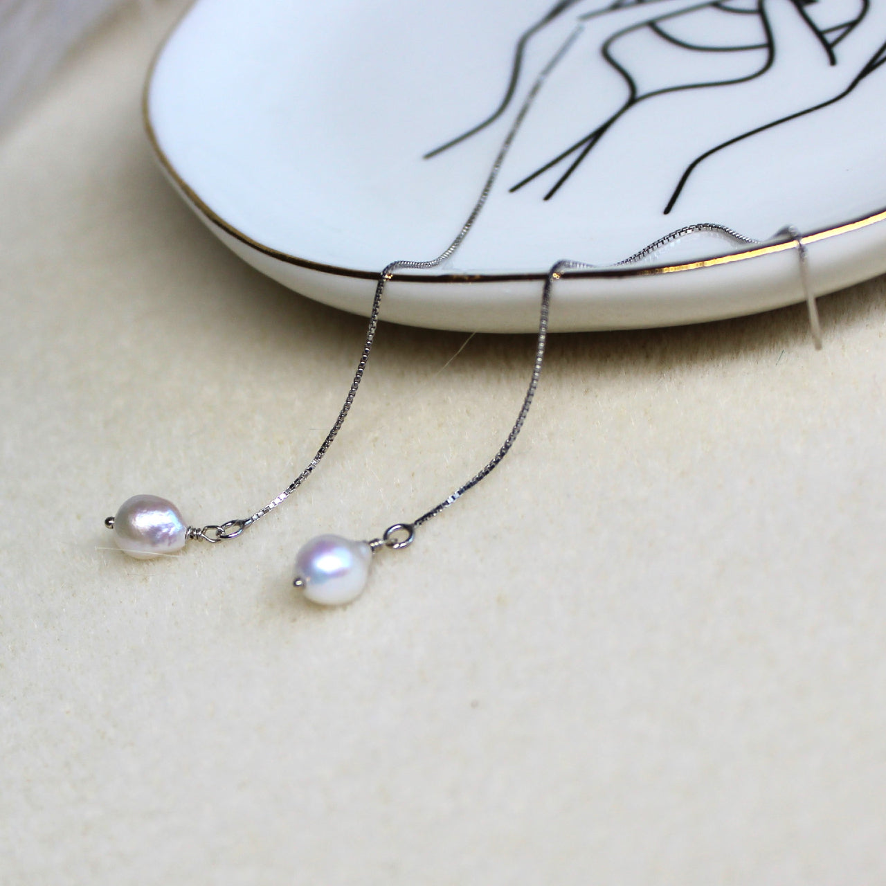 Natural Tiny Baroque Freshwater Pearl Threader 925 Sterling Silver Dangle Earrings