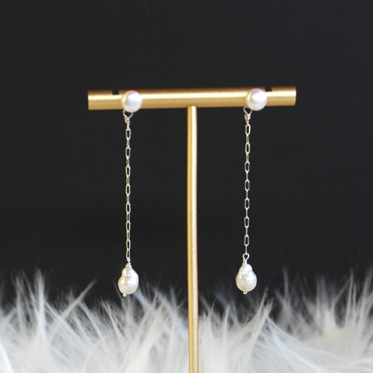 Natural Tiny Baroque Pearl Front Back Sterling Silver Long Chain Pearl Stud Dangle Earrings