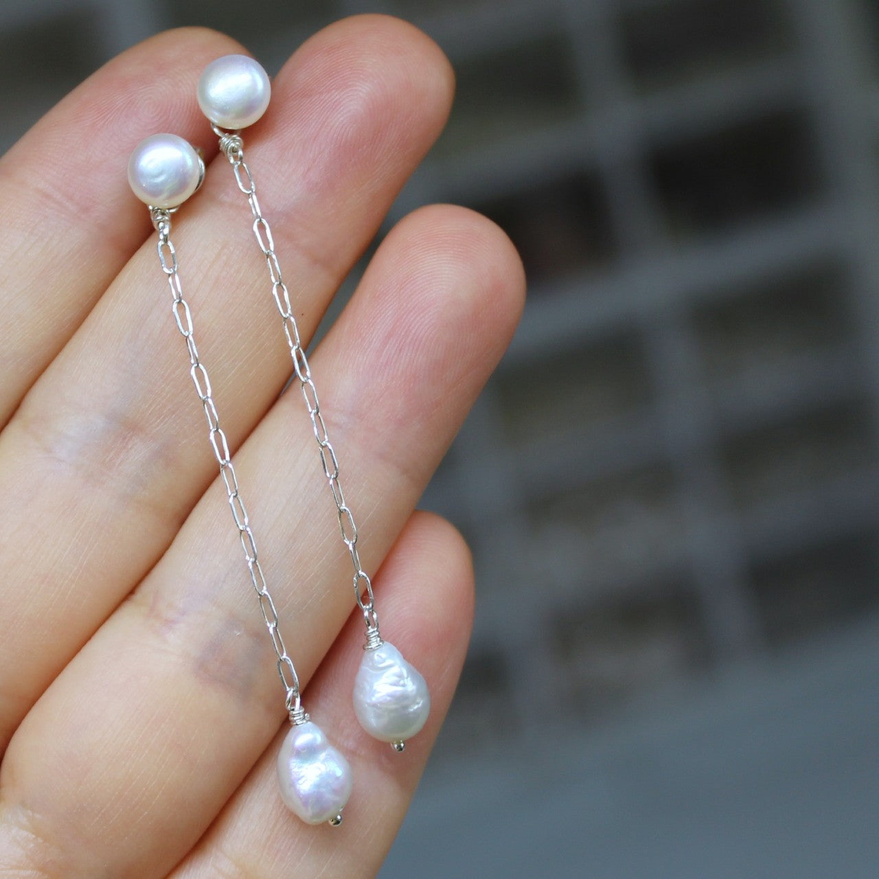 Natural Tiny Baroque Pearl Front Back Sterling Silver Long Chain Pearl Stud Dangle Earrings