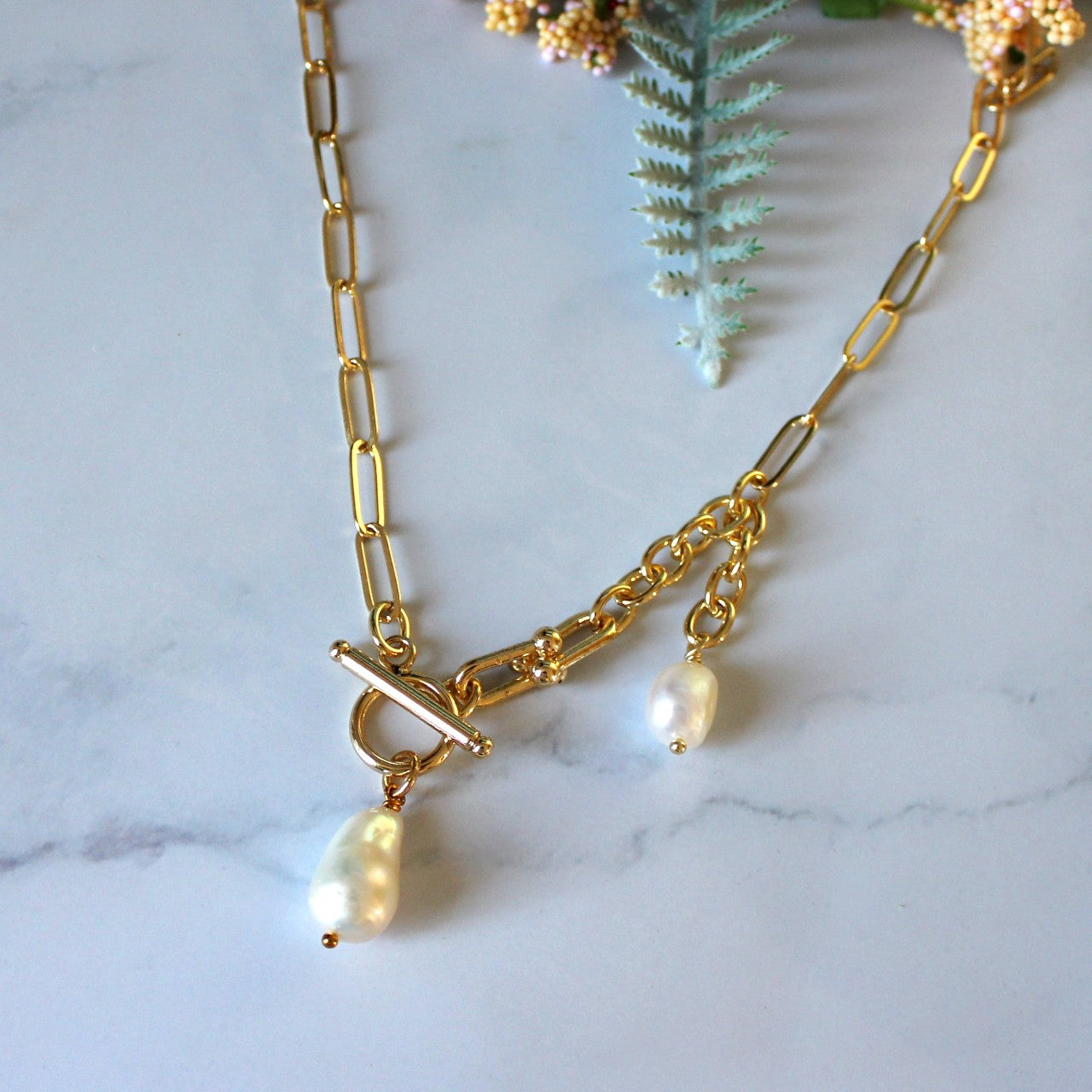 14K Real Gold Plated Chunky Chain Toggle Bar with Baroque Pearl Pendant Necklace