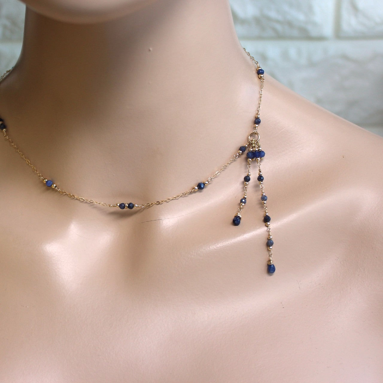Blue Sapphire Lariat 14K Gold Filled Chain Tassel Necklace, Y Delicate Chain Necklace