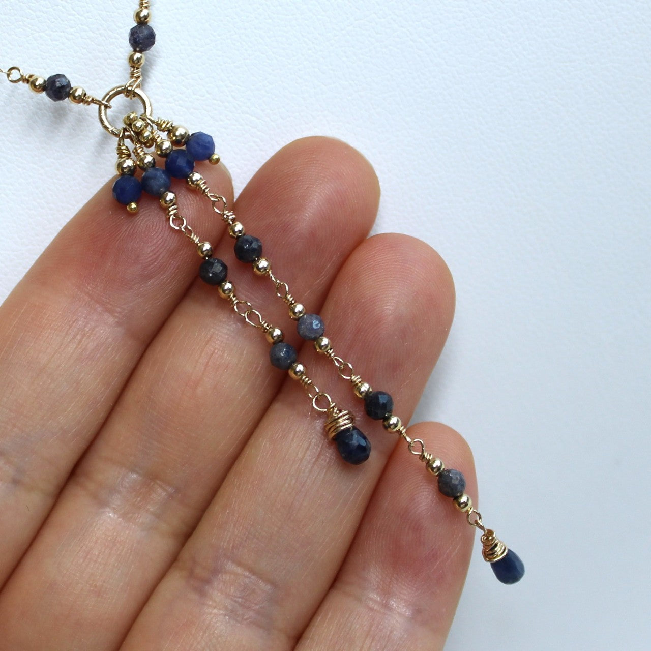 Blue Sapphire Lariat 14K Gold Filled Chain Tassel Necklace, Y Delicate Chain Necklace