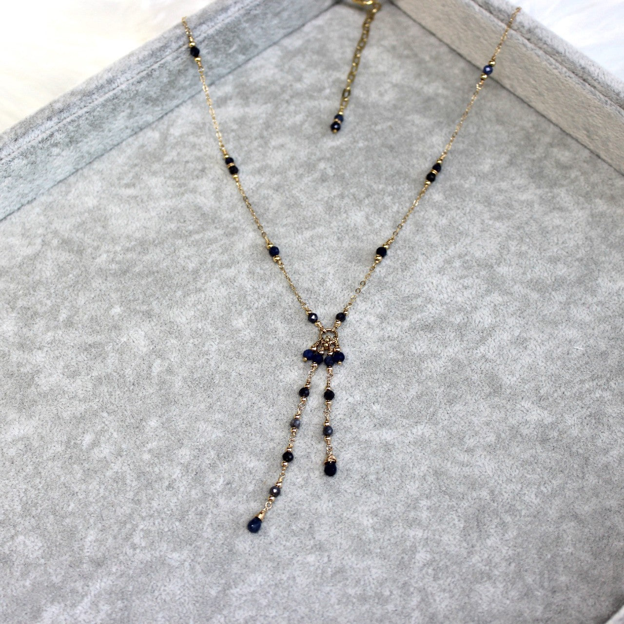 Blue Sapphire Lariat 14K Gold Filled Chain Tassel Necklace, Y Delicate Chain Necklace