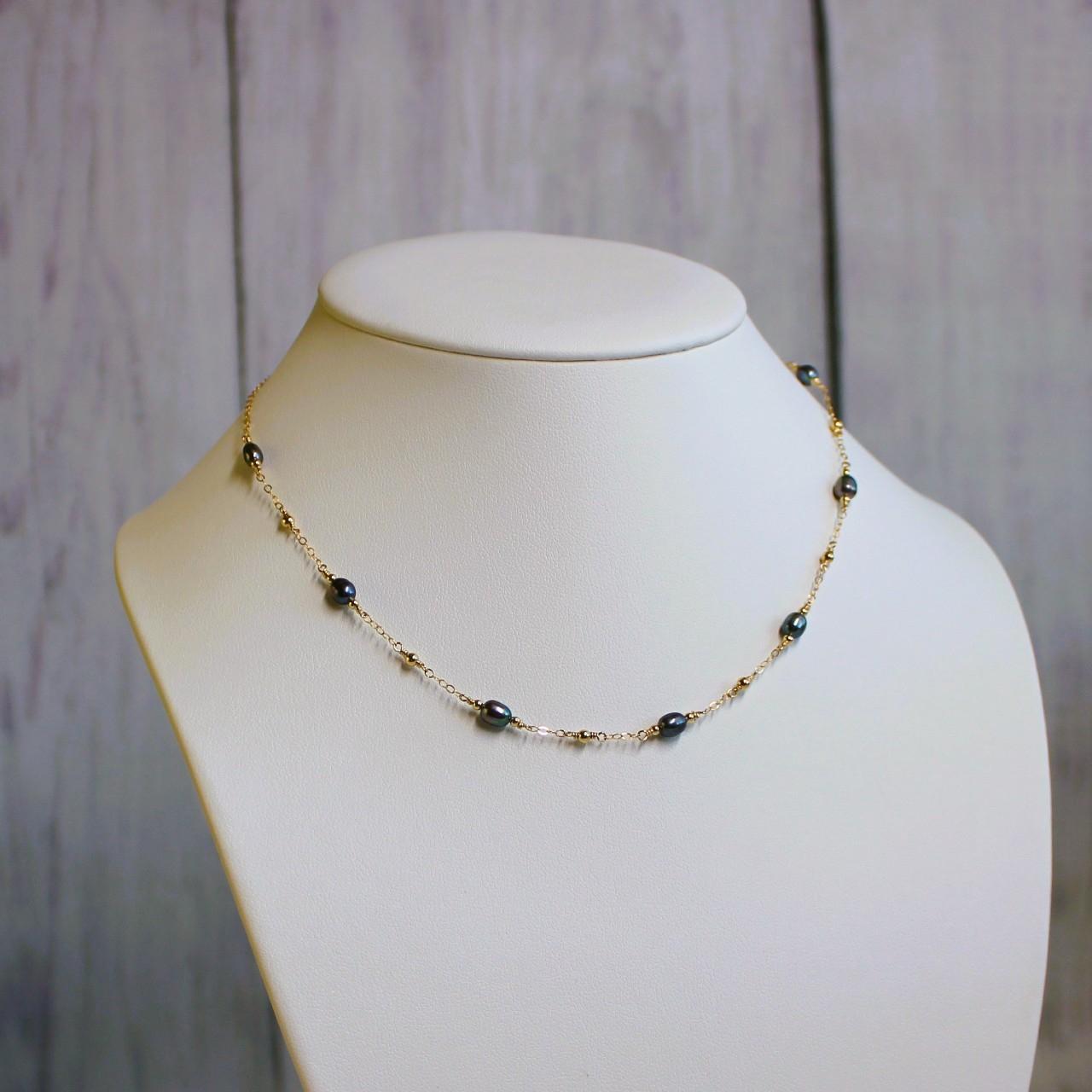 Dainty Peacock Freshwater Pearl 14k Gold Filled Delicate Chain Necklace.