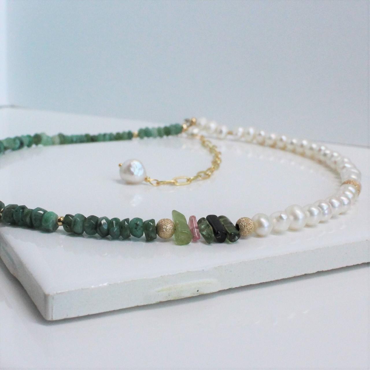 Natural Faceted Emerald, Tourmaline, and Pearl 14k Gold Filled Beaded Necklace