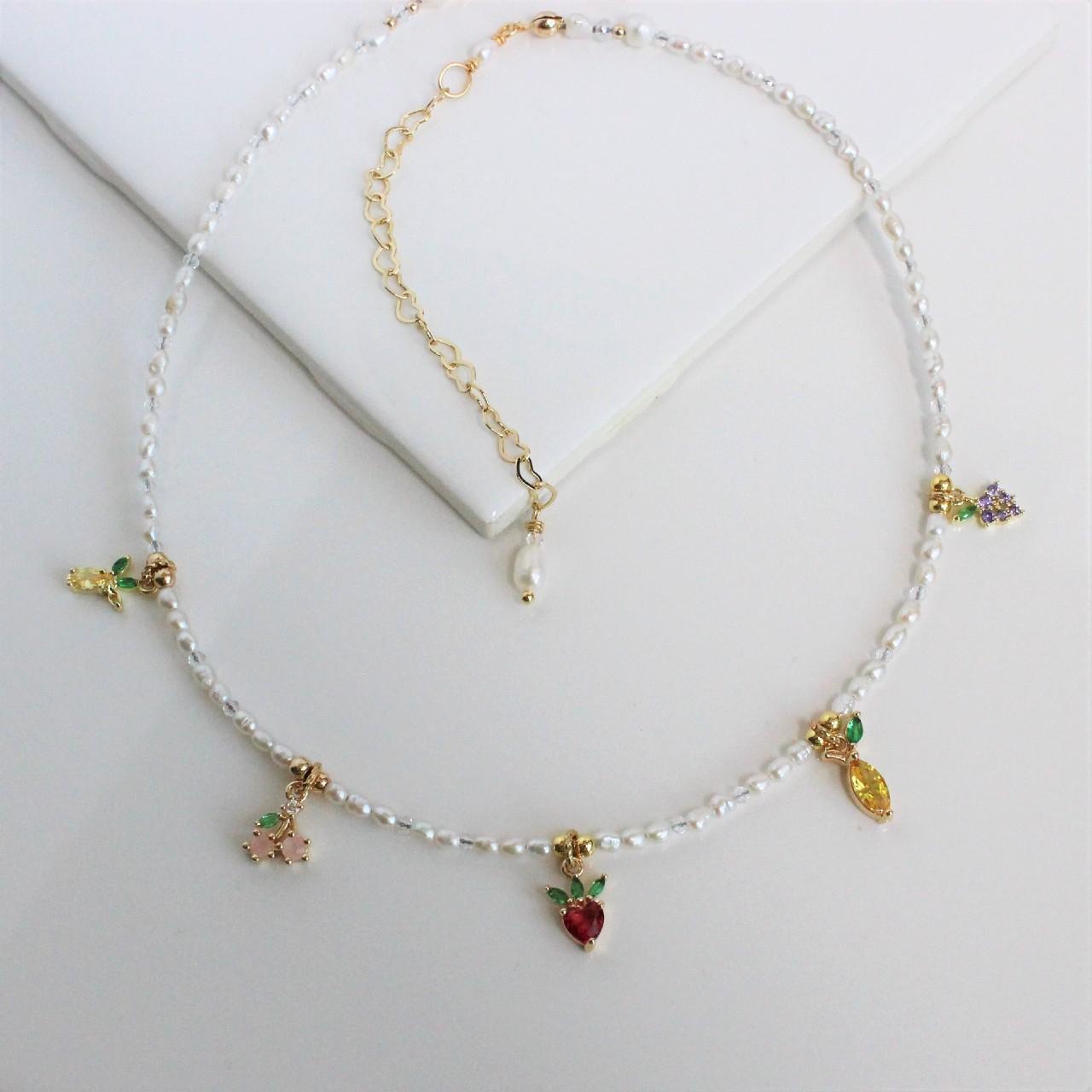 Pearl CZ Fruit Charm Beaded Choker Necklace