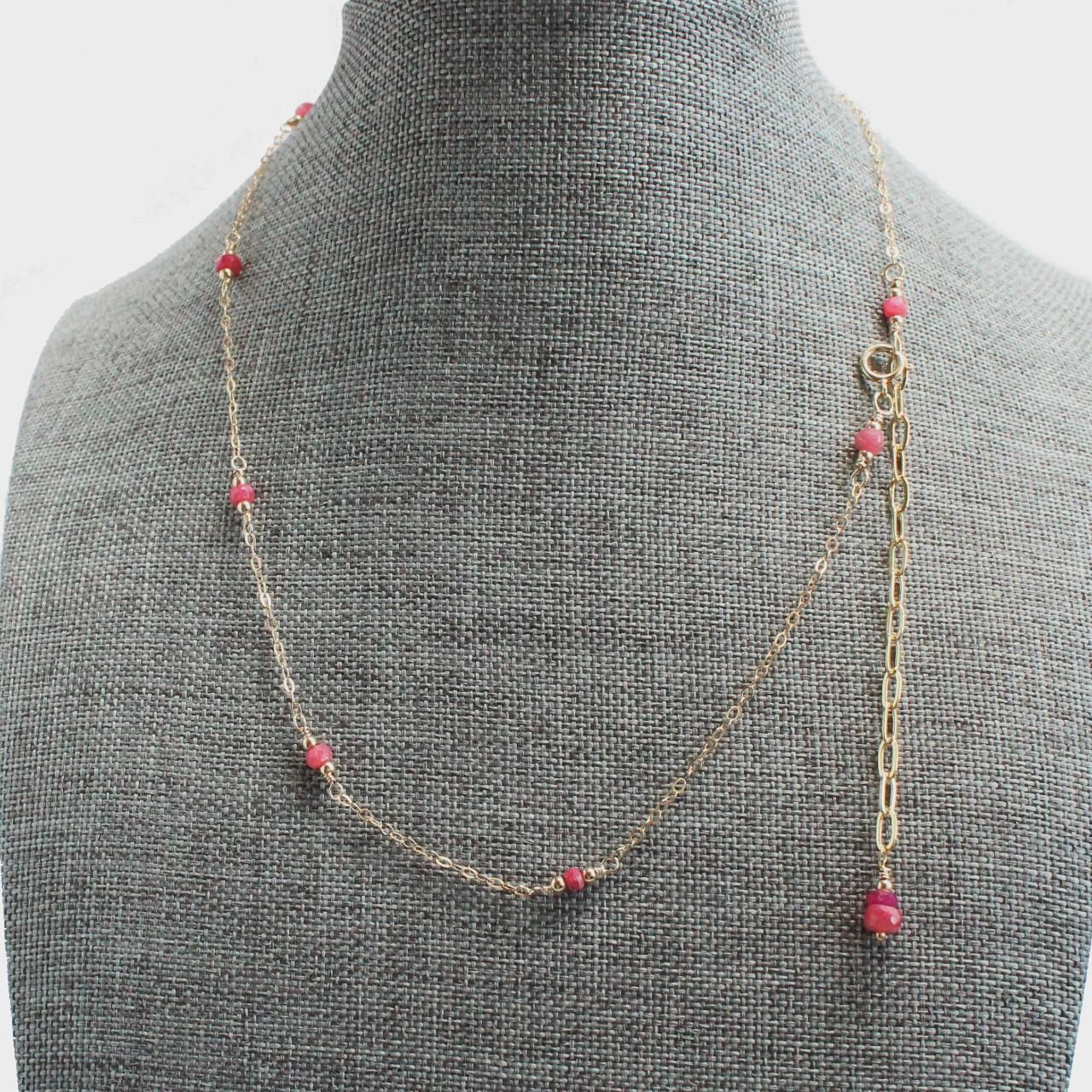 Dainty Genuine Ruby Beads 14k Gold Filled Delicate Chain Necklace