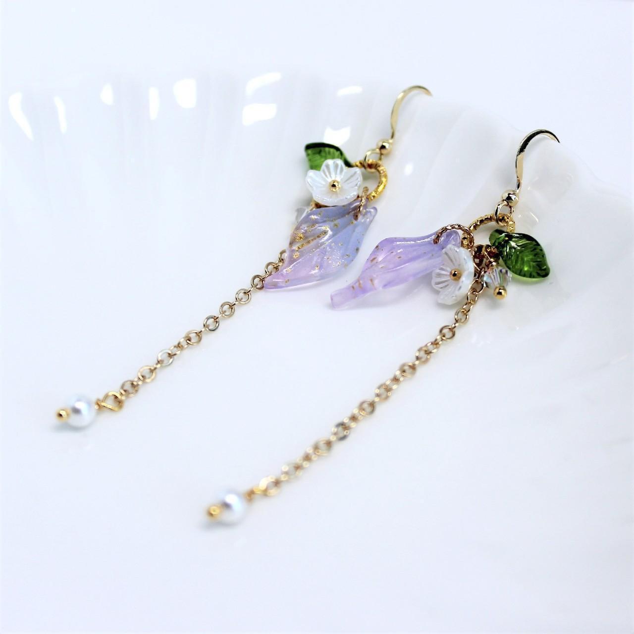 Simple Long Floral Gold Chain Pearl Dangle Earrings
