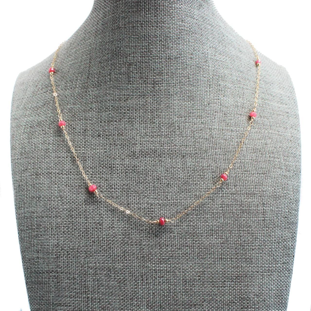 Dainty Genuine Ruby Beads 14k Gold Filled Delicate Chain Necklace