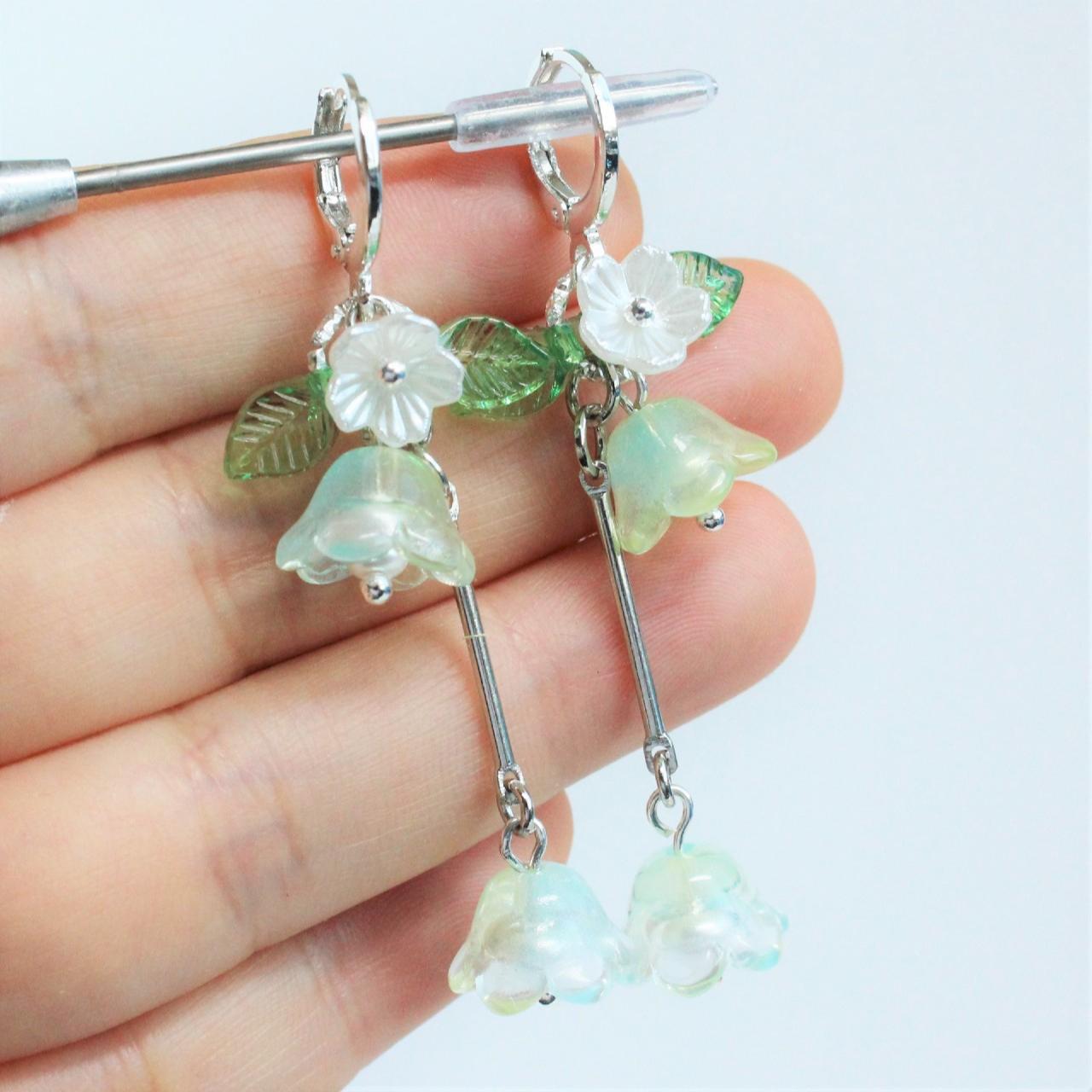 Trumpet Flower Silver Long Dangle Earrings