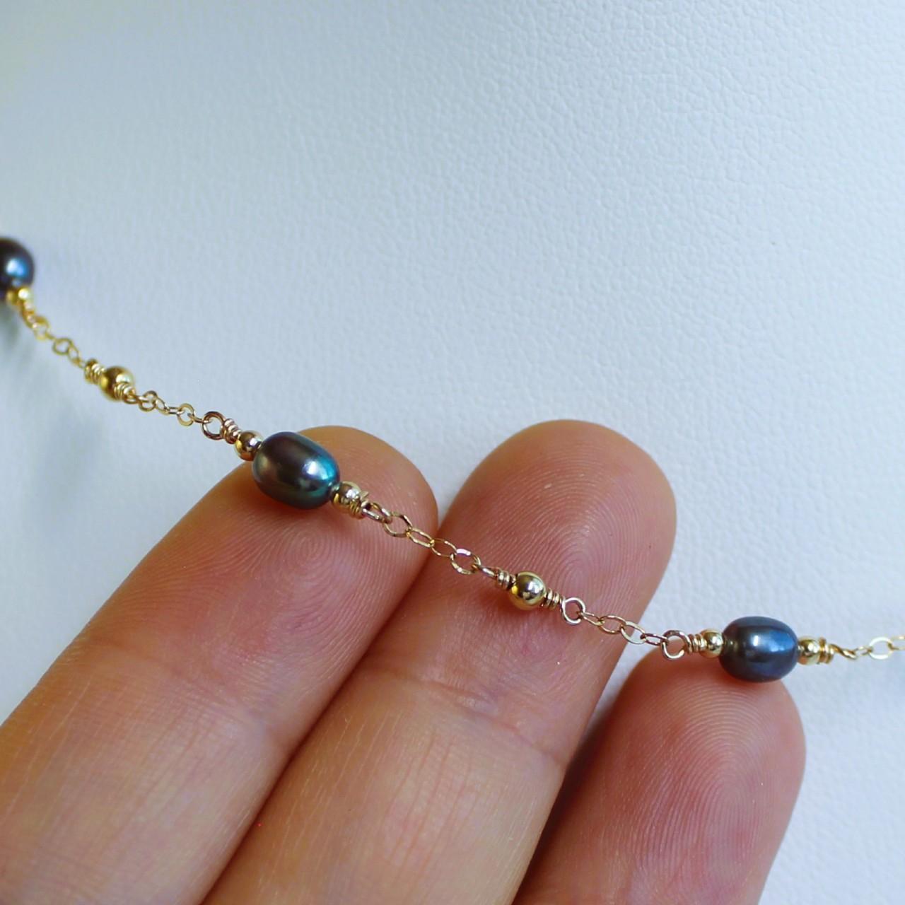Dainty Peacock Freshwater Pearl 14k Gold Filled Delicate Chain Necklace.