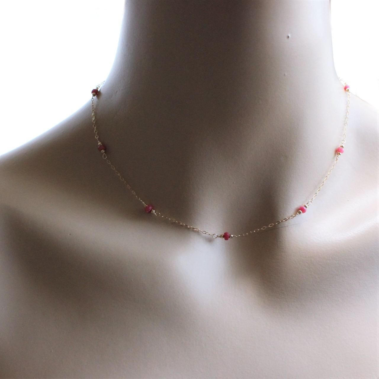 Dainty Genuine Ruby Beads 14k Gold Filled Delicate Chain Necklace