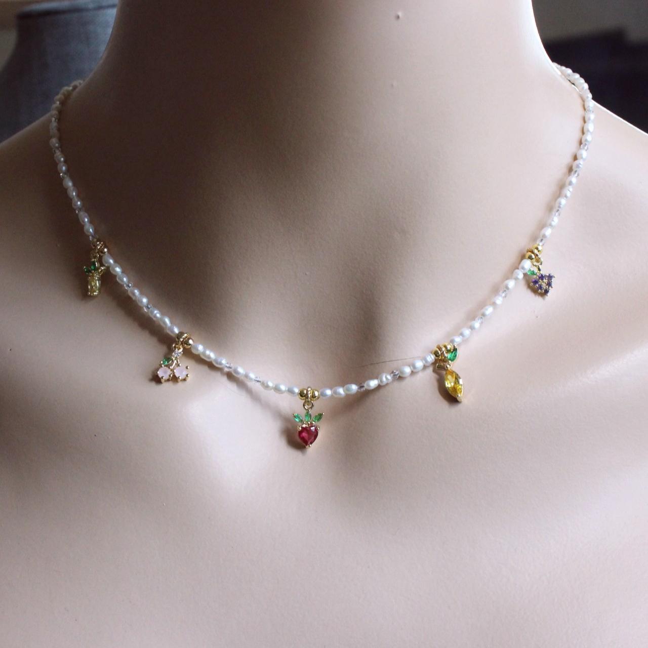 Pearl CZ Fruit Charm Beaded Choker Necklace