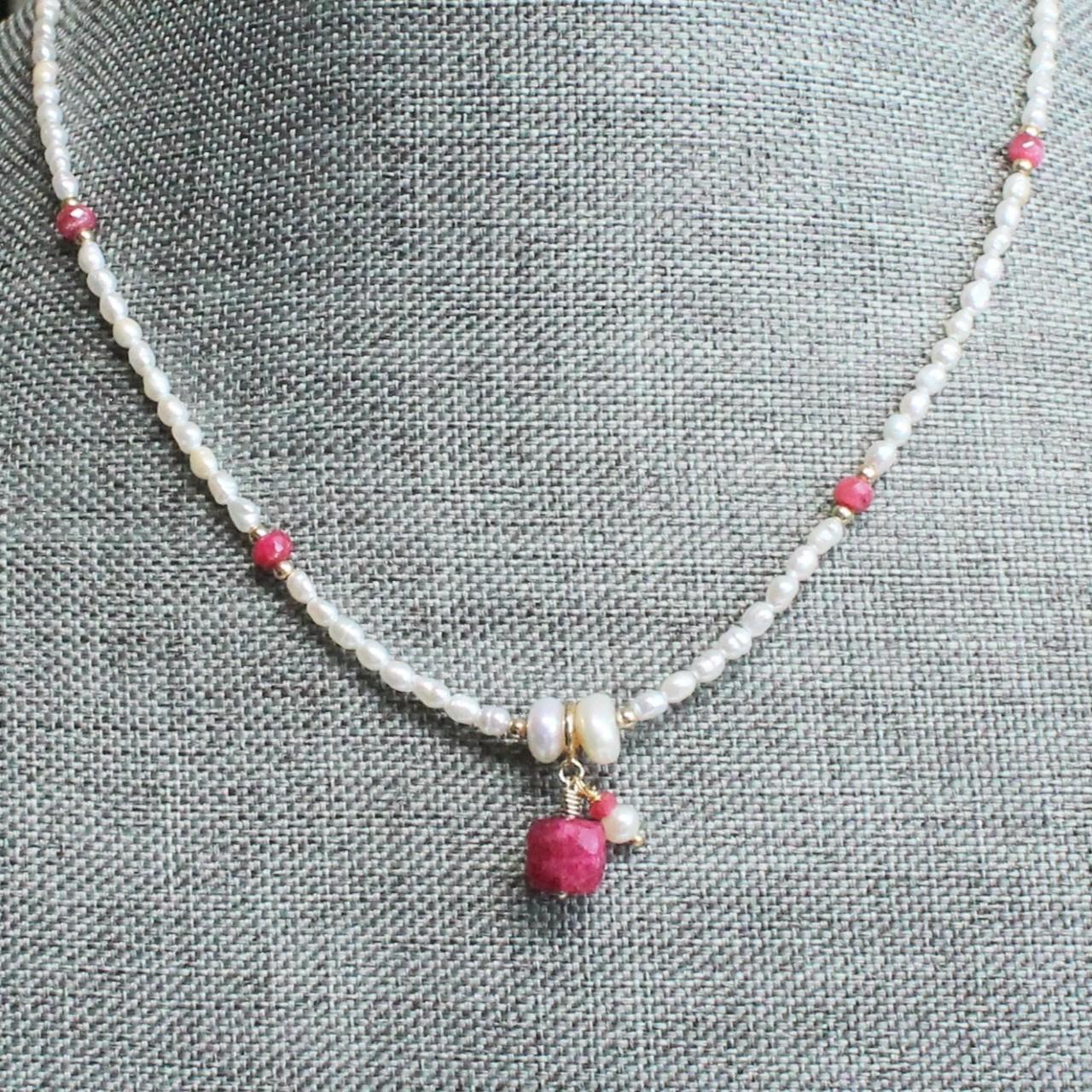 Natural Ruby and Pearls Beaded 14k Gold Filled Necklace
