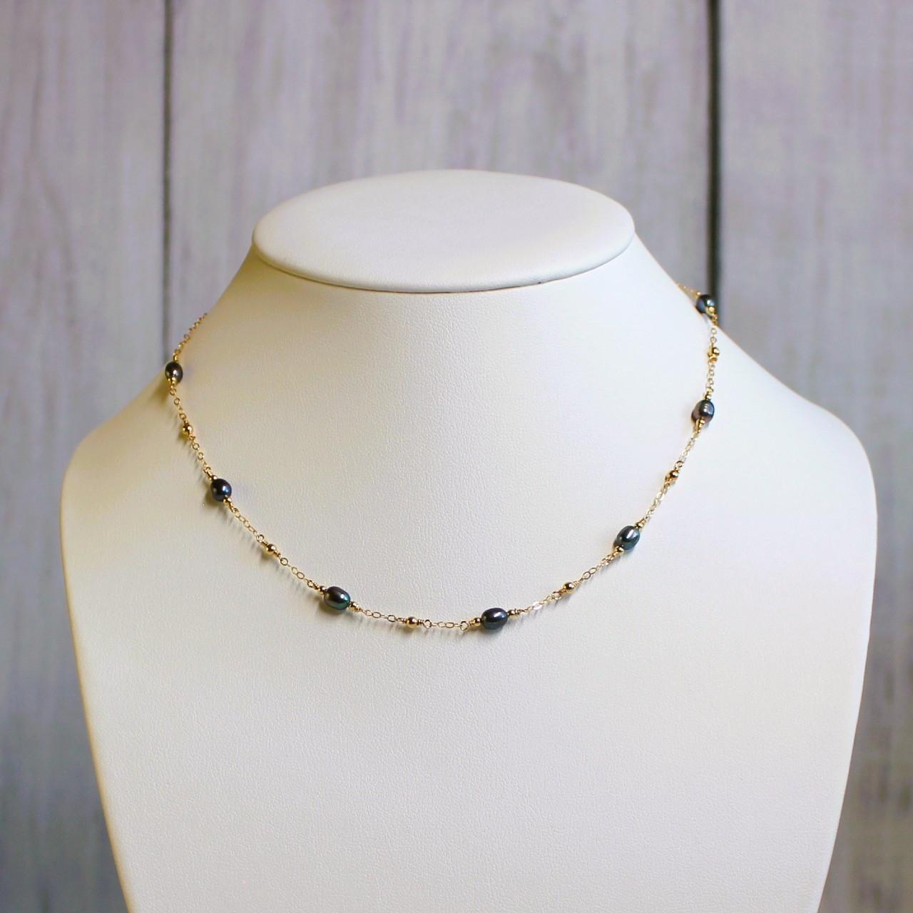Dainty Peacock Freshwater Pearl 14k Gold Filled Delicate Chain Necklace.
