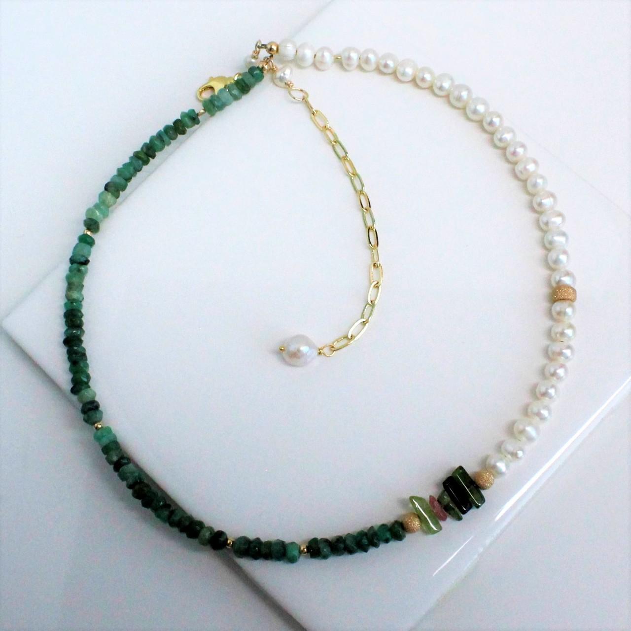 Natural Faceted Emerald, Tourmaline, and Pearl 14k Gold Filled Beaded Necklace
