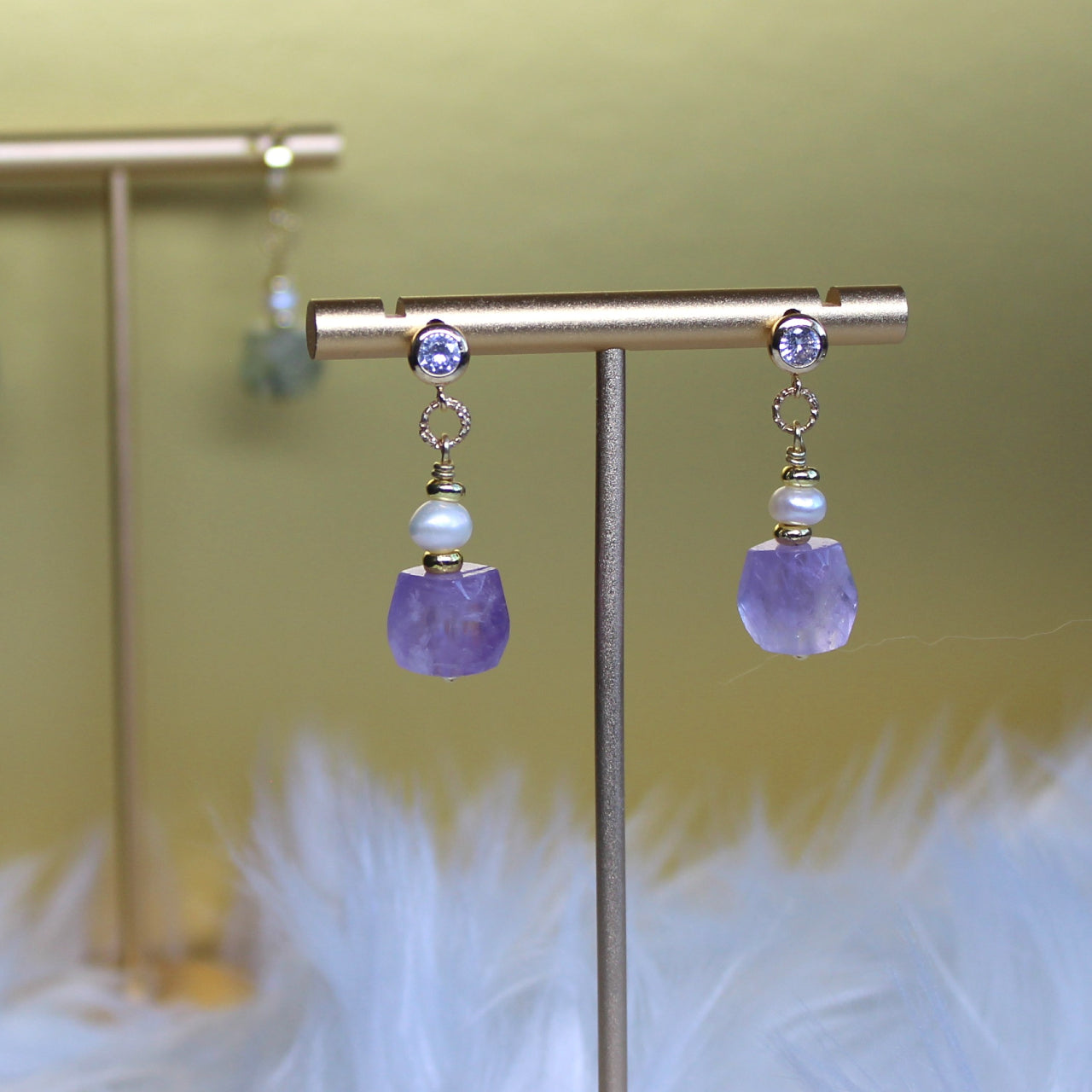 Natural Faceted Amethyst with Freshwater Pearl CZ Stud Dangle Earrings/925 Sterling Silver Needle